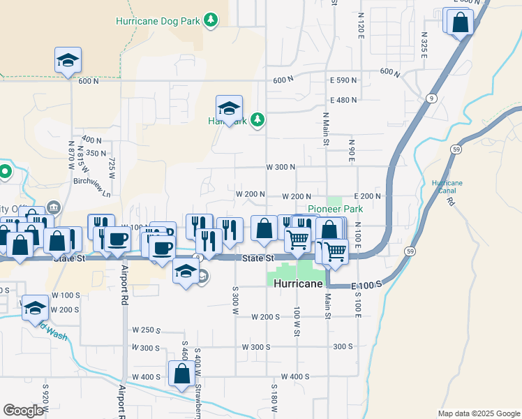 map of restaurants, bars, coffee shops, grocery stores, and more near 211 W 165 N in Hurricane