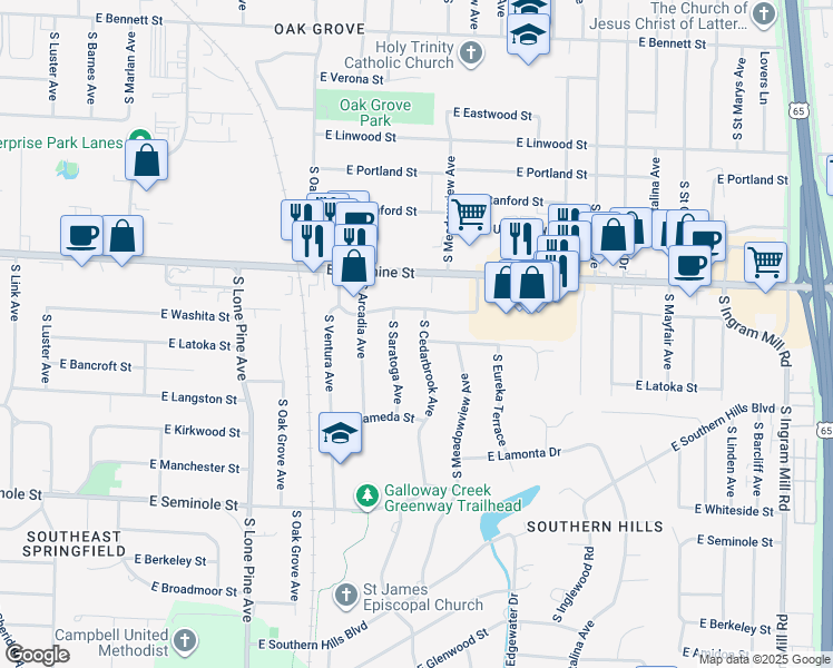 map of restaurants, bars, coffee shops, grocery stores, and more near 1923 South Cedarbrook Avenue in Springfield