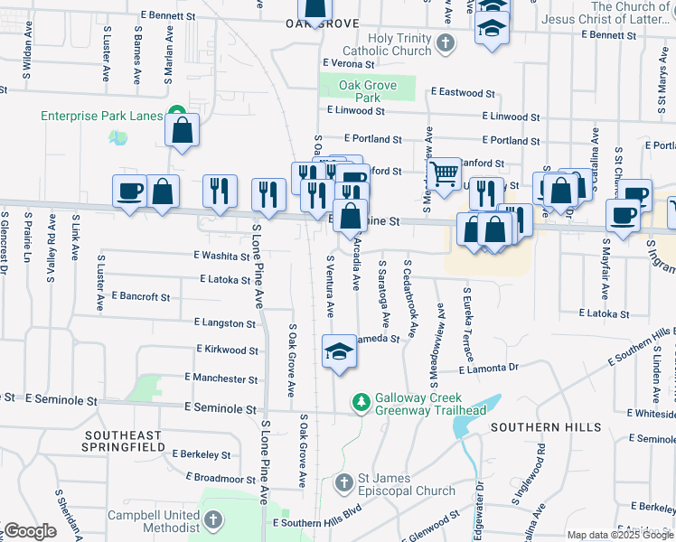 map of restaurants, bars, coffee shops, grocery stores, and more near 1902 South Ventura Avenue in Springfield
