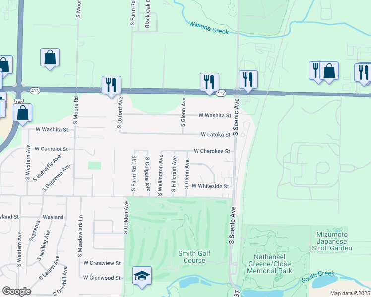 map of restaurants, bars, coffee shops, grocery stores, and more near 2859 West Cherokee Street in Springfield
