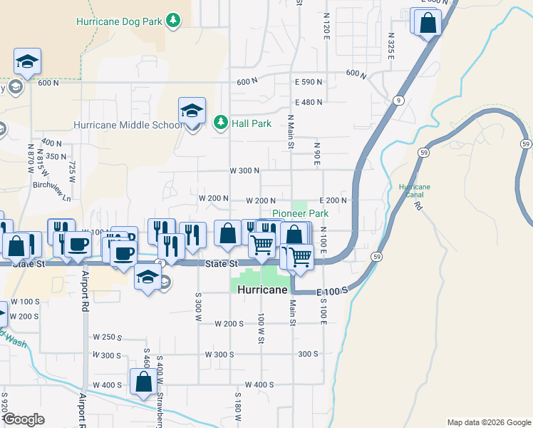 map of restaurants, bars, coffee shops, grocery stores, and more near 163 North Main Street in Hurricane