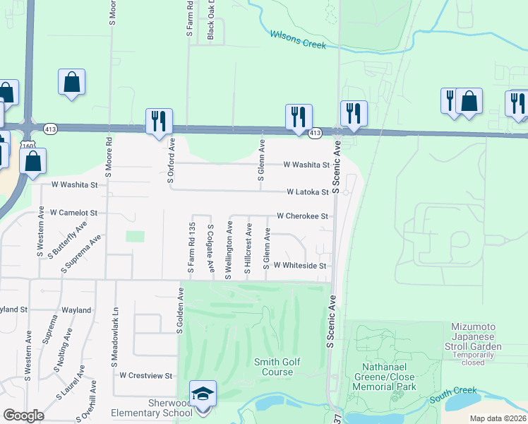 map of restaurants, bars, coffee shops, grocery stores, and more near 2859 West Cherokee Street in Springfield