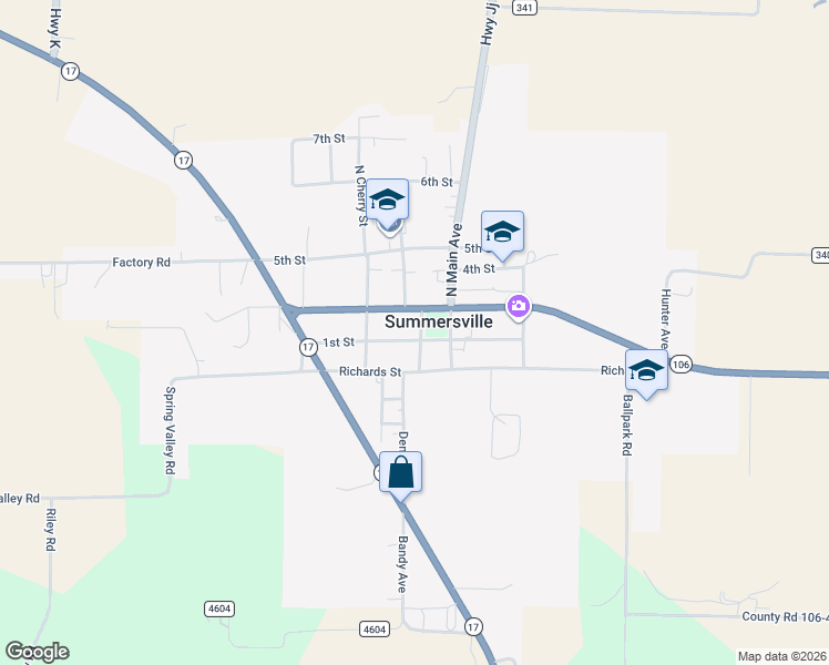 map of restaurants, bars, coffee shops, grocery stores, and more near 129 Rogers Avenue in Summersville