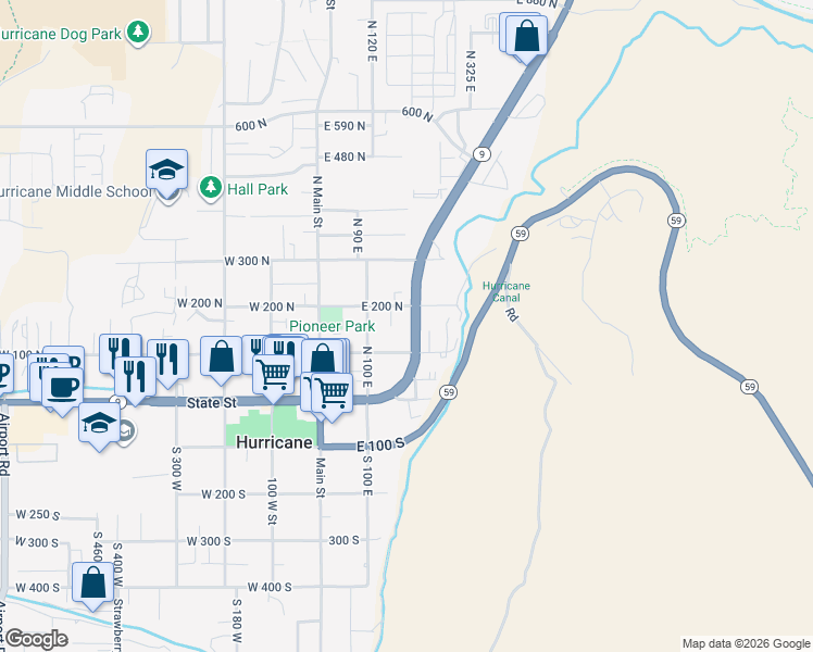 map of restaurants, bars, coffee shops, grocery stores, and more near 161 North State Street in Hurricane