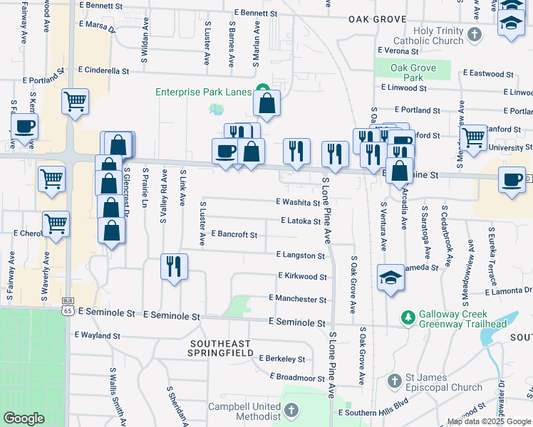 map of restaurants, bars, coffee shops, grocery stores, and more near 2305 E Latoka St in Springfield