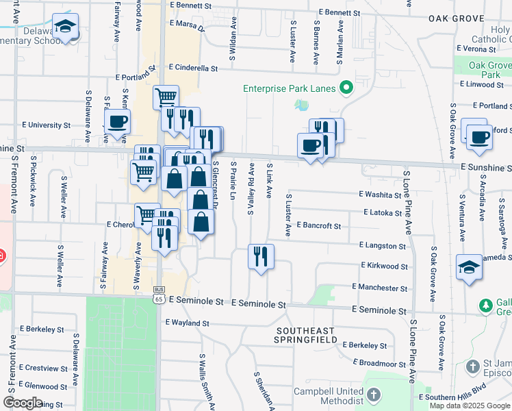 map of restaurants, bars, coffee shops, grocery stores, and more near 1924 South Valley Road Avenue in Springfield