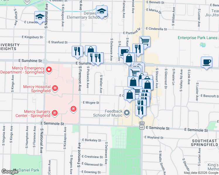 map of restaurants, bars, coffee shops, grocery stores, and more near 1932 South Delaware Avenue in Springfield