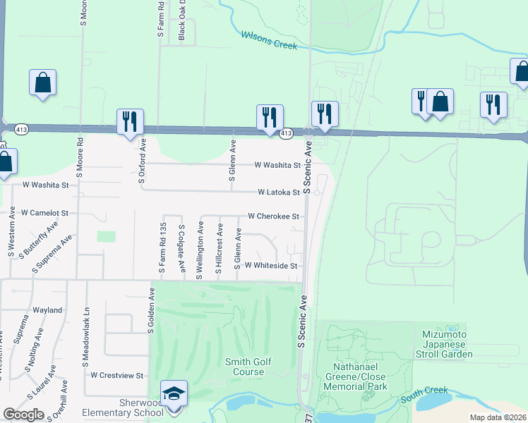 map of restaurants, bars, coffee shops, grocery stores, and more near 2759 West Cherokee Street in Springfield