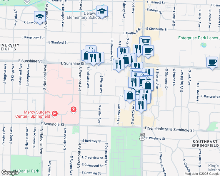 map of restaurants, bars, coffee shops, grocery stores, and more near 1932 South Delaware Avenue in Springfield