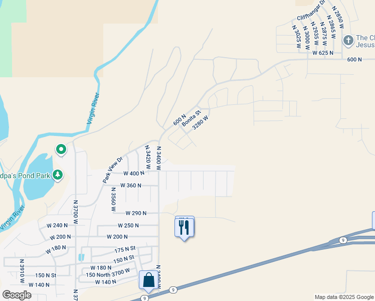 map of restaurants, bars, coffee shops, grocery stores, and more near 3375 West Torey Lane in Hurricane