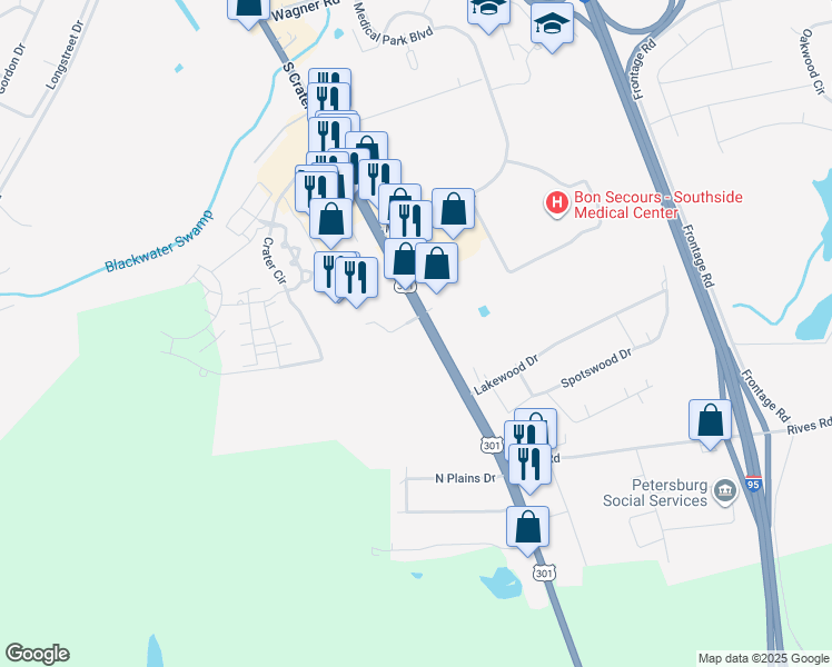 map of restaurants, bars, coffee shops, grocery stores, and more near 3568-3698 S Crater Rd in Petersburg