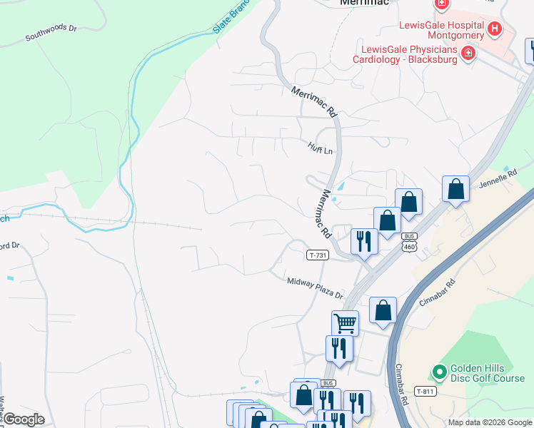 map of restaurants, bars, coffee shops, grocery stores, and more near 1172 Arthur Lane in Christiansburg