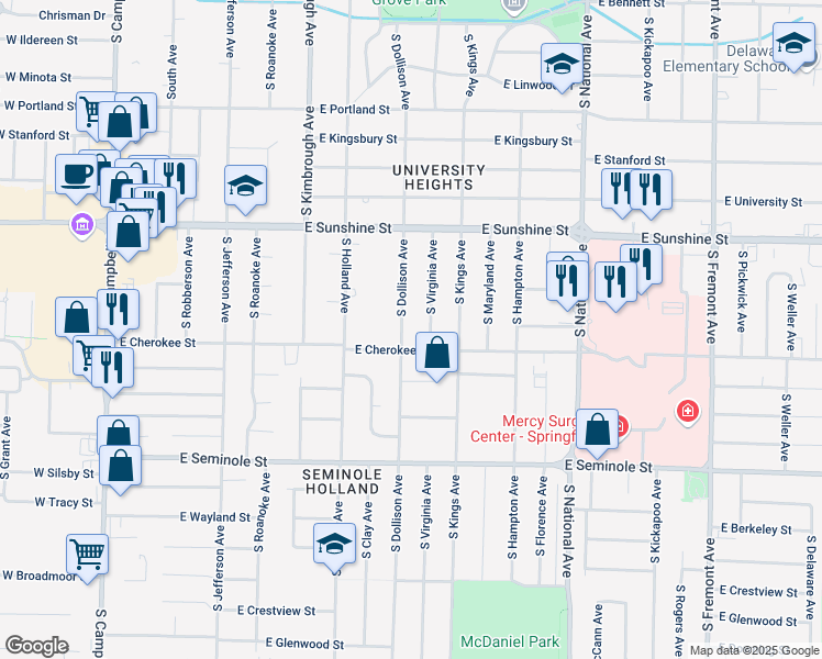 map of restaurants, bars, coffee shops, grocery stores, and more near 1954 S Dollison Ave in Springfield
