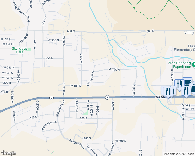 map of restaurants, bars, coffee shops, grocery stores, and more near 1925 West 180 North in Hurricane