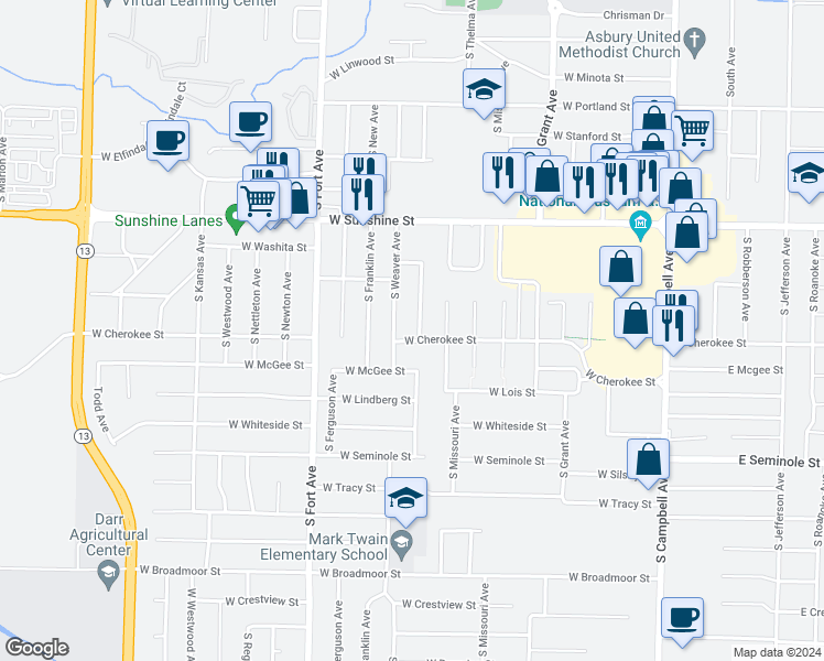 map of restaurants, bars, coffee shops, grocery stores, and more near 1955 South Broadway Avenue in Springfield