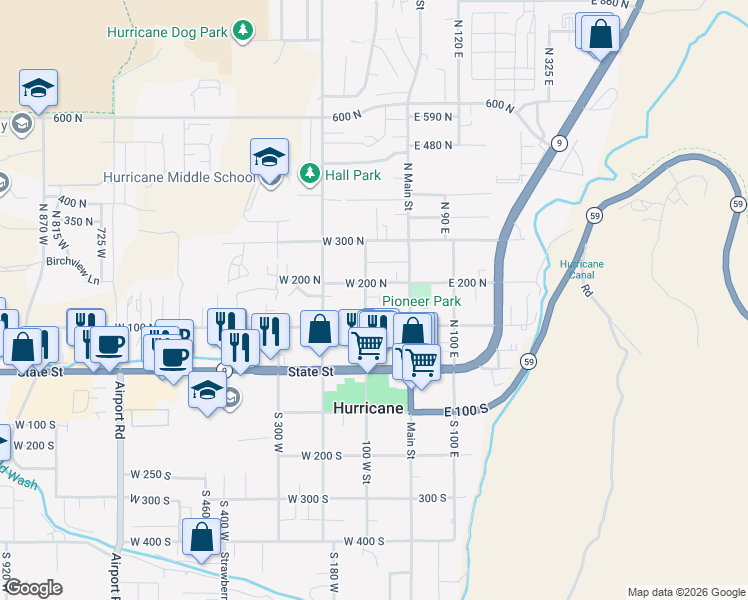 map of restaurants, bars, coffee shops, grocery stores, and more near 163 North Main Street in Hurricane