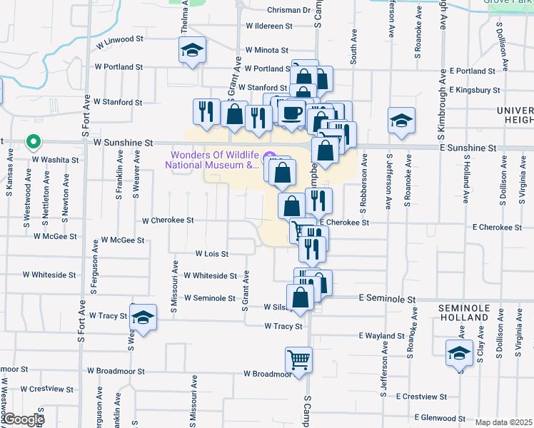 map of restaurants, bars, coffee shops, grocery stores, and more near 1947 South Wedgewood Avenue in Springfield