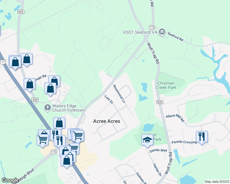 map of restaurants, bars, coffee shops, grocery stores, and more near 105 Rosewood Ln in Yorktown