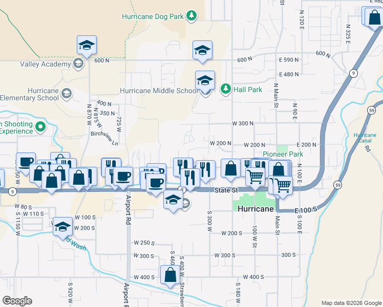 map of restaurants, bars, coffee shops, grocery stores, and more near 126 North 400 West in Hurricane