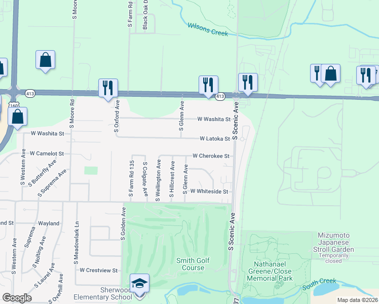 map of restaurants, bars, coffee shops, grocery stores, and more near 2859 West Cherokee Street in Springfield
