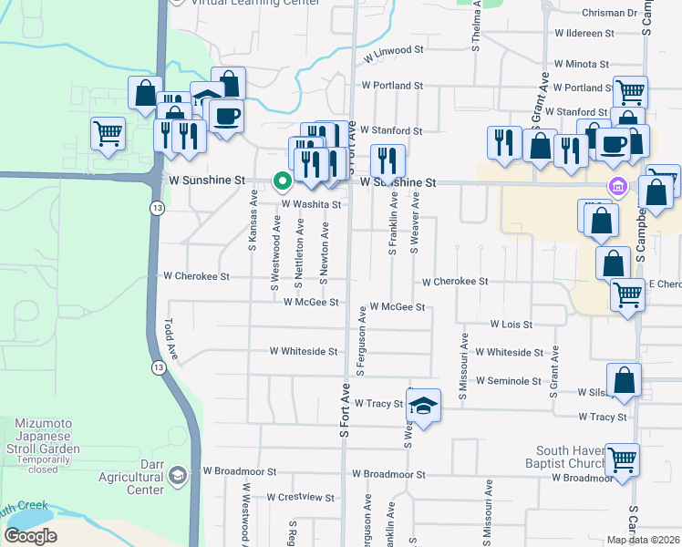 map of restaurants, bars, coffee shops, grocery stores, and more near 1963 South Fort Avenue in Springfield