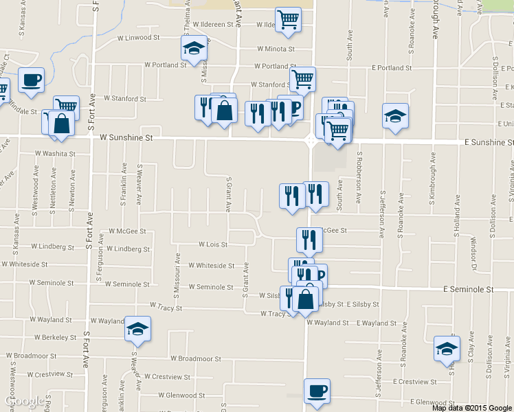 map of restaurants, bars, coffee shops, grocery stores, and more near 1947 South Wedgewood Avenue in Springfield