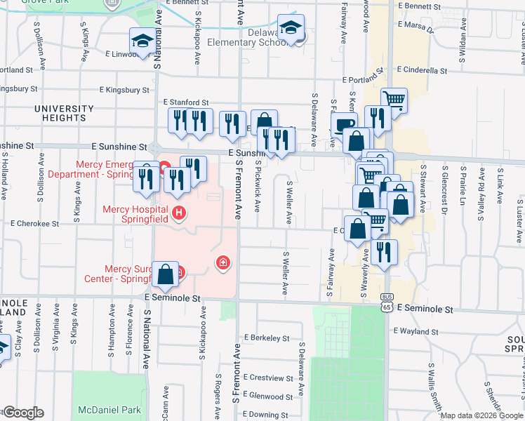 map of restaurants, bars, coffee shops, grocery stores, and more near 1932 South Pickwick Avenue in Springfield