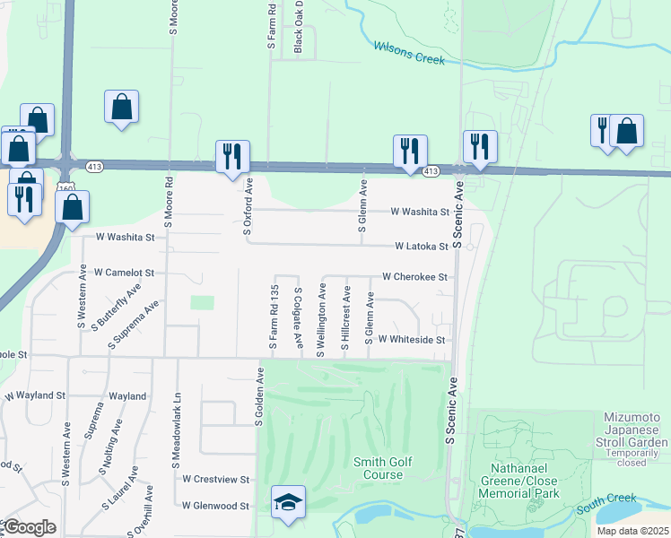 map of restaurants, bars, coffee shops, grocery stores, and more near 2933 West Cherokee Street in Springfield