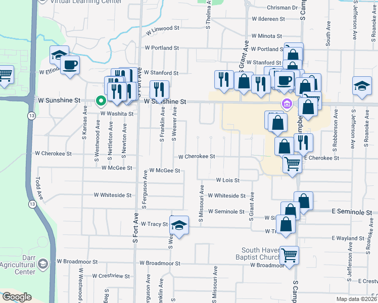 map of restaurants, bars, coffee shops, grocery stores, and more near 1954 South Broadway Avenue in Springfield