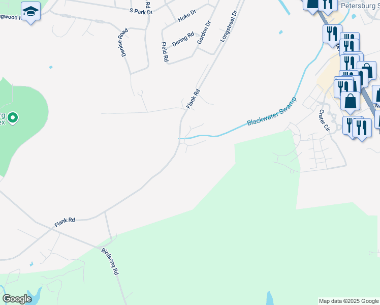 map of restaurants, bars, coffee shops, grocery stores, and more near 9703 Bunker Court in Petersburg
