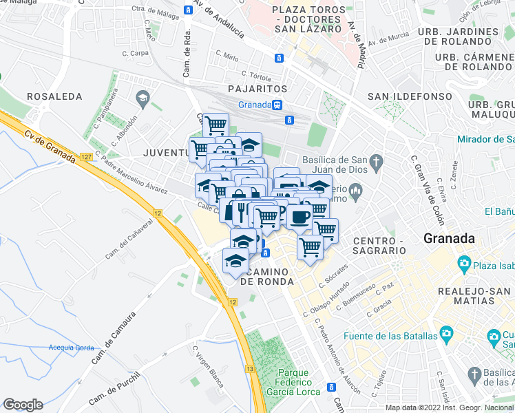 map of restaurants, bars, coffee shops, grocery stores, and more near 9 Calle Gonzalo Gallas in Granada