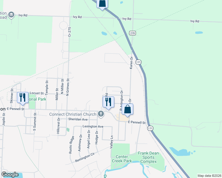 map of restaurants, bars, coffee shops, grocery stores, and more near 410 North Arlington Drive in Carl Junction