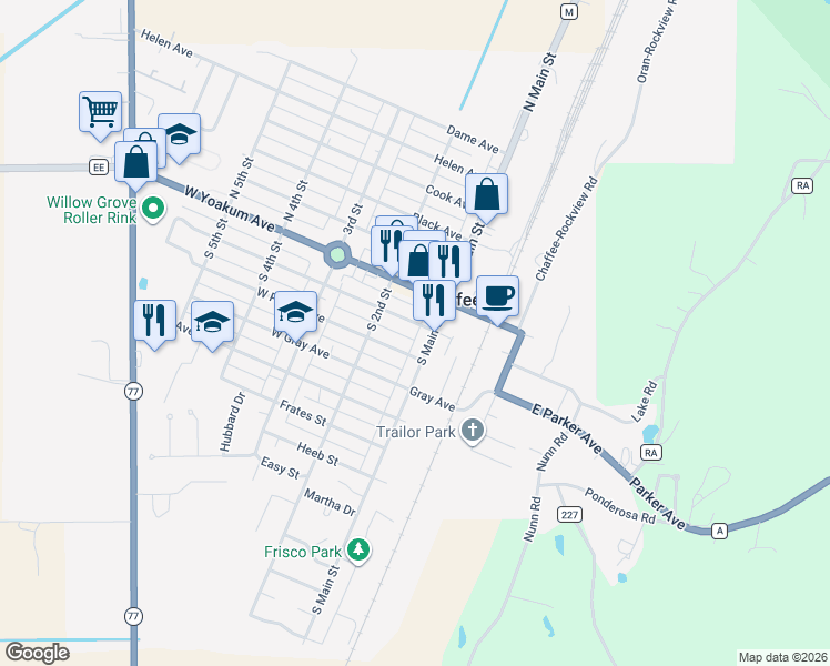 map of restaurants, bars, coffee shops, grocery stores, and more near 110 West Davidson Avenue in Chaffee