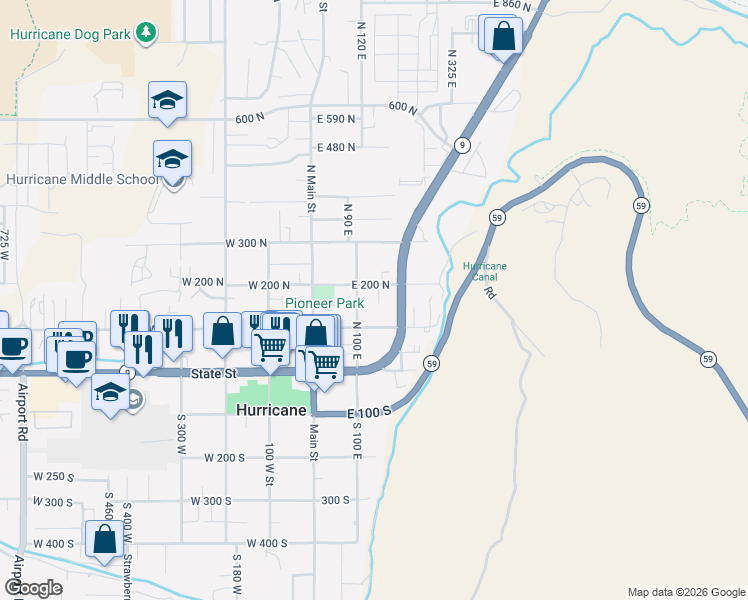 map of restaurants, bars, coffee shops, grocery stores, and more near 175 North 160 East in Hurricane