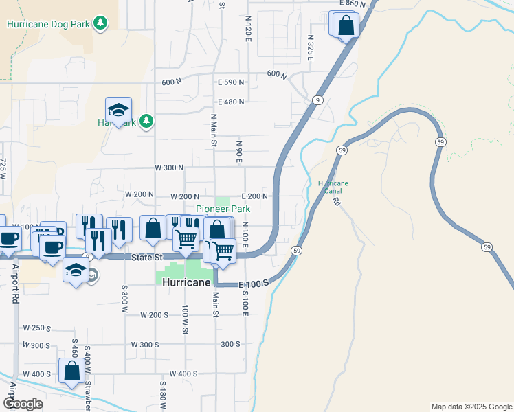 map of restaurants, bars, coffee shops, grocery stores, and more near 175 North 160 East in Hurricane