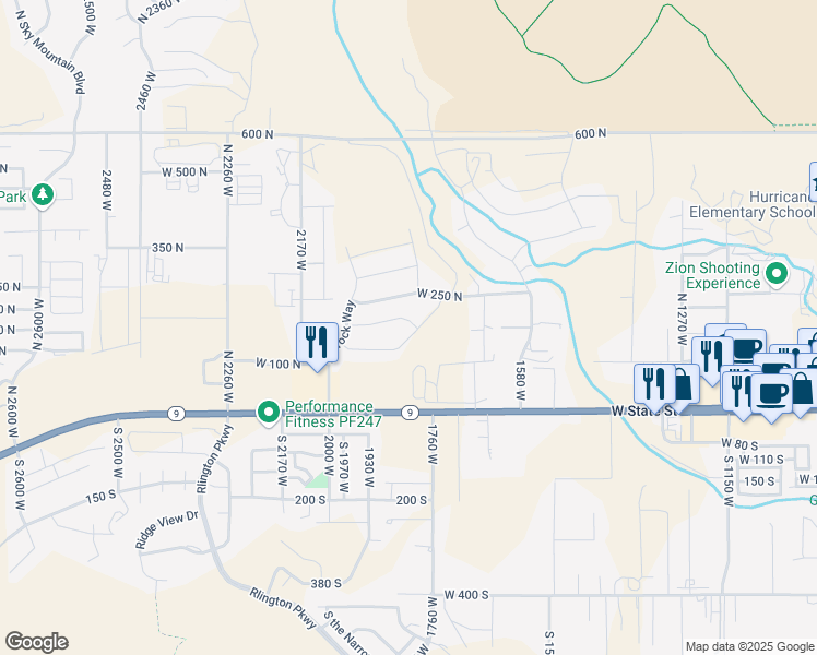 map of restaurants, bars, coffee shops, grocery stores, and more near 1823 West 180 North in Hurricane