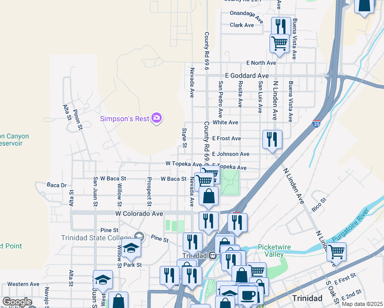map of restaurants, bars, coffee shops, grocery stores, and more near 198 W Johnson Ave in Trinidad