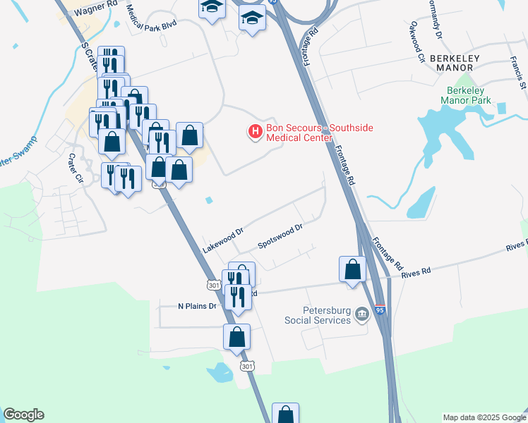map of restaurants, bars, coffee shops, grocery stores, and more near 221 Lakewood Drive in Petersburg