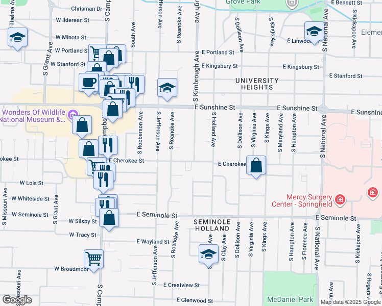 map of restaurants, bars, coffee shops, grocery stores, and more near 1943 South Kimbrough Avenue in Springfield