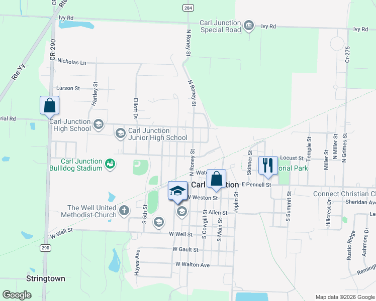 map of restaurants, bars, coffee shops, grocery stores, and more near 306 North Roney Street in Carl Junction