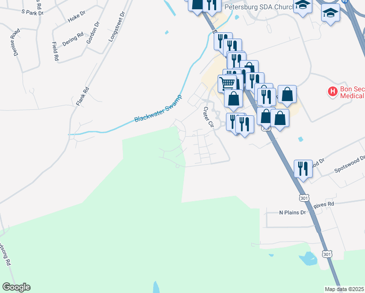 map of restaurants, bars, coffee shops, grocery stores, and more near 200 Addison Way in Petersburg