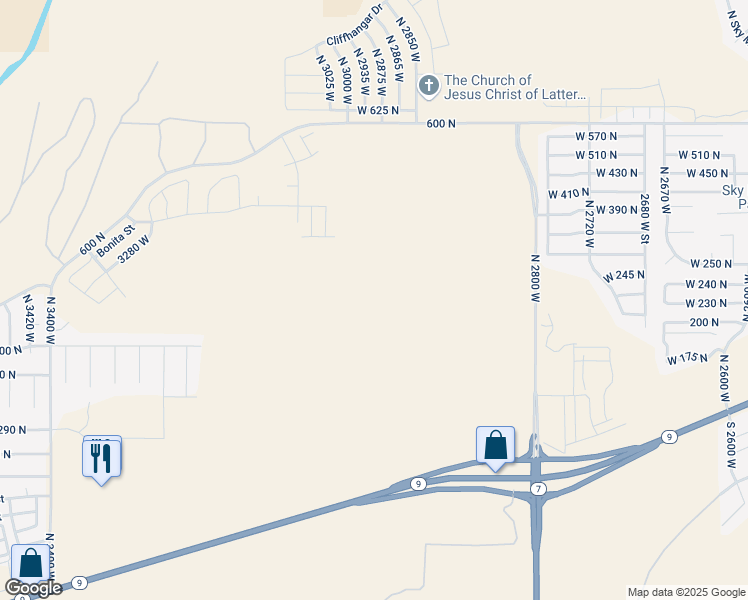 map of restaurants, bars, coffee shops, grocery stores, and more near 2854 West 500 North in Hurricane