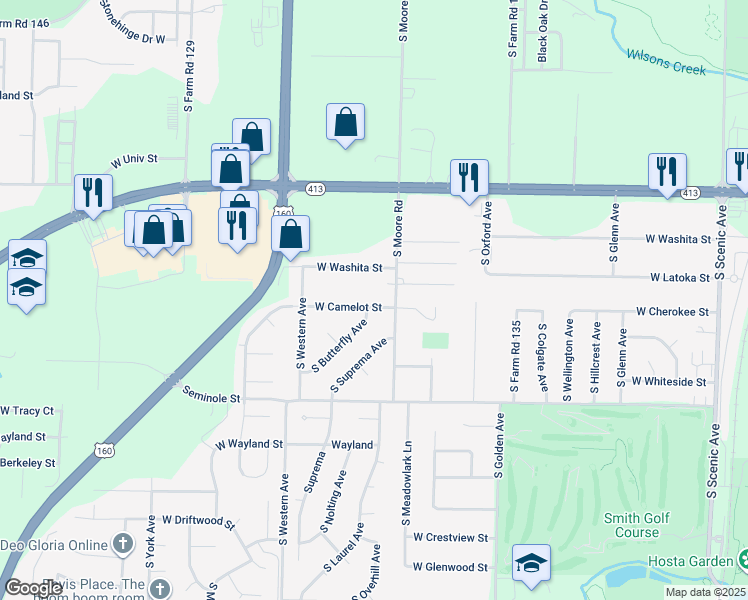 map of restaurants, bars, coffee shops, grocery stores, and more near 3329 West Camelot Street in Springfield