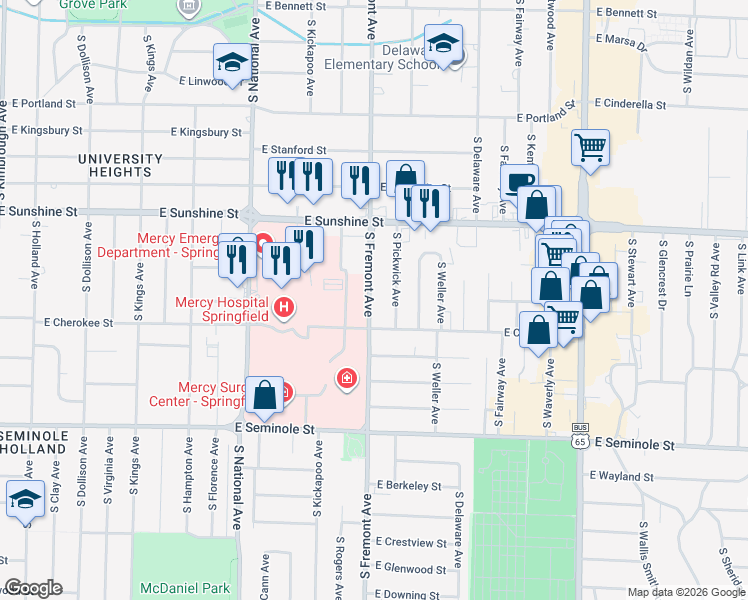 map of restaurants, bars, coffee shops, grocery stores, and more near 1940 South Fremont Avenue in Springfield