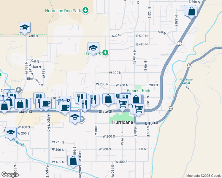 map of restaurants, bars, coffee shops, grocery stores, and more near 211 West 165 North in Hurricane