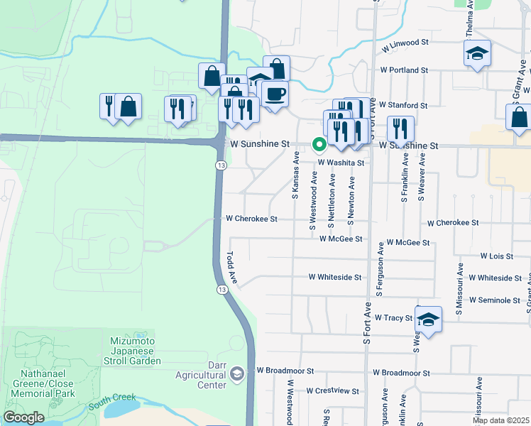 map of restaurants, bars, coffee shops, grocery stores, and more near 1701 West Cherokee Street in Springfield