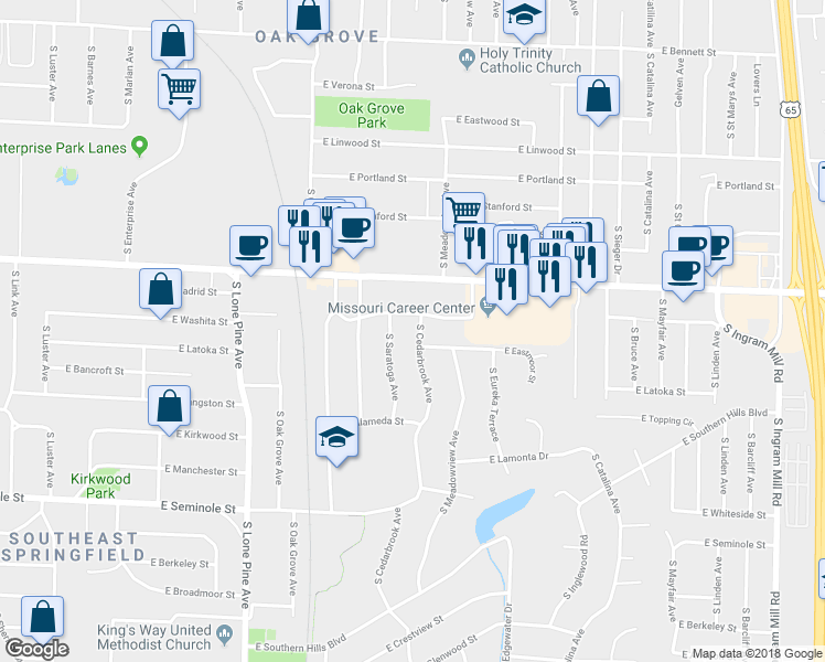 map of restaurants, bars, coffee shops, grocery stores, and more near 1915 South Cedarbrook Avenue in Springfield