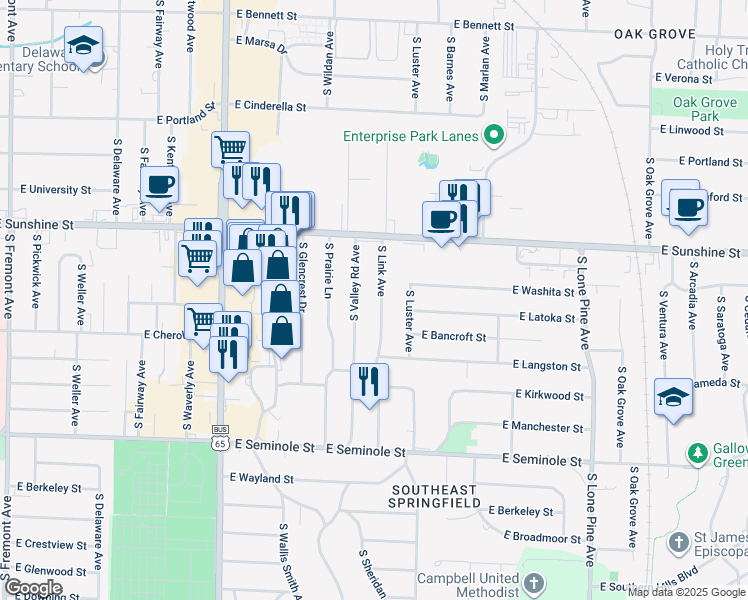 map of restaurants, bars, coffee shops, grocery stores, and more near 1924 South Valley Road Avenue in Springfield