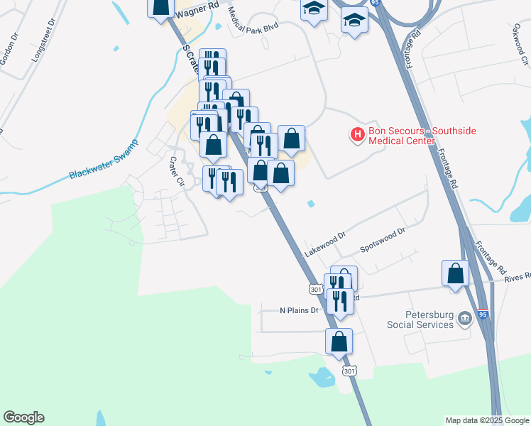 map of restaurants, bars, coffee shops, grocery stores, and more near 3568 South Crater Road in Petersburg