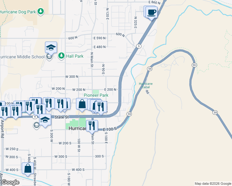 map of restaurants, bars, coffee shops, grocery stores, and more near 161 North State Street in Hurricane